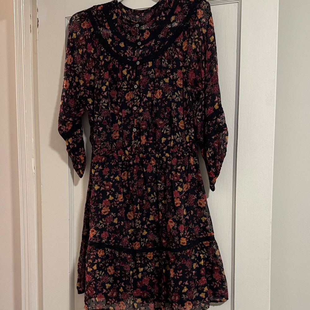 LOFT Floral Long Sleeve Dress - Black and Burgundy Print
